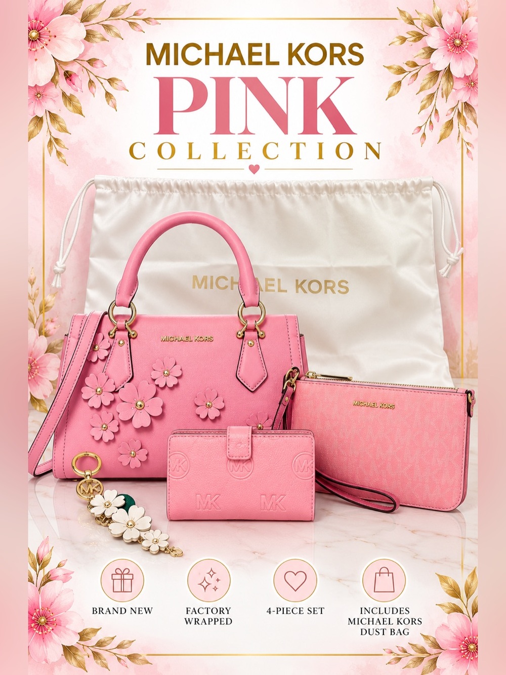 NWT Michael Kors Pink Floral 4-Piece Collection Set – Satchel & Accessories